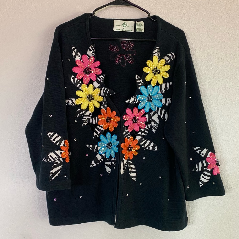 Vintage Design Options Colorful Embroidered‎ Sequence Black Cardigan Sweater XXL